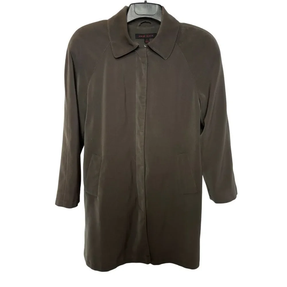 Anne Klein Women's Trench Coat Dark Olive Green Full Hidden Button Size 8